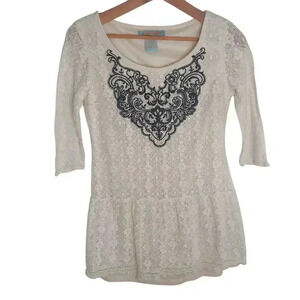 Flying Tomato Lace Peplum Long Sleeved Top Black Embroidery Women's Size S